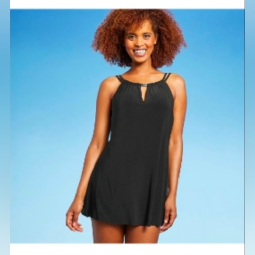 Aqua Green Women's High Neck Keyhole Swim Dress - Black Size Medium